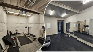 Before and after view of a basement transformed into a finished home gym by Jedi Bldrs in Colorado Springs, CO.