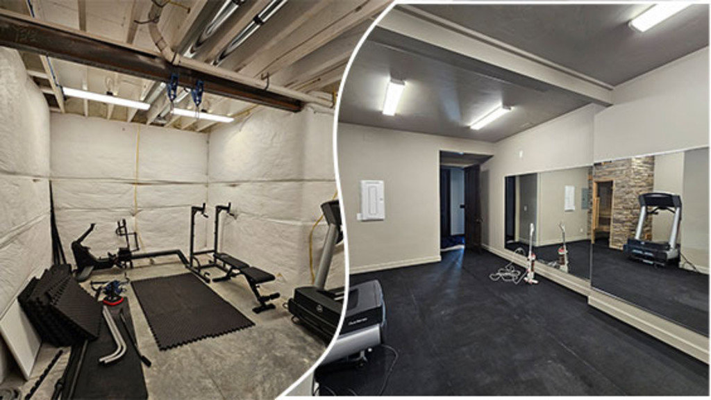 Before and after view of a basement transformed into a finished home gym by Jedi Bldrs in Colorado Springs, CO.
