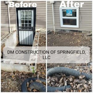 Before and after collage of basement window and drainage installation by DM Construction of Springfield in Springfield, IL.