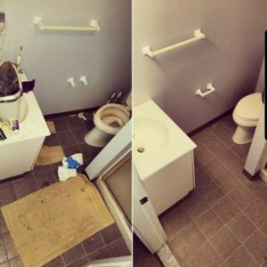 Before and after of a bathroom after fixture removal and cleanup by Biohazard PRO in Boston, MA.
