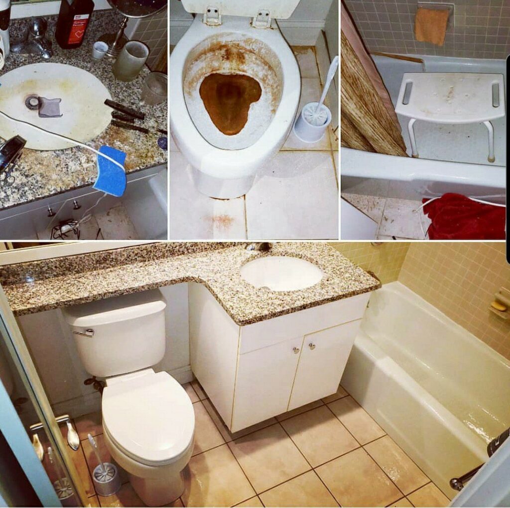 Before and after of a bathroom after extreme hoarding cleanup and junk removal by Biohazard PRO in Boston, MA.