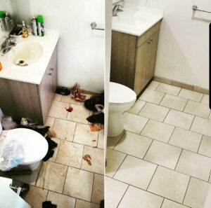 Before and after of a bathroom after junk removal and deep cleaning by Biohazard PRO in Boston, MA.