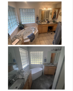 Before and after photos of a complete bathroom renovation by Okie Custom Designs in Stillwater, OK.