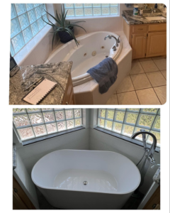 Before and after comparison of a bathtub replacement project by Okie Custom Designs in Stillwater, OK.