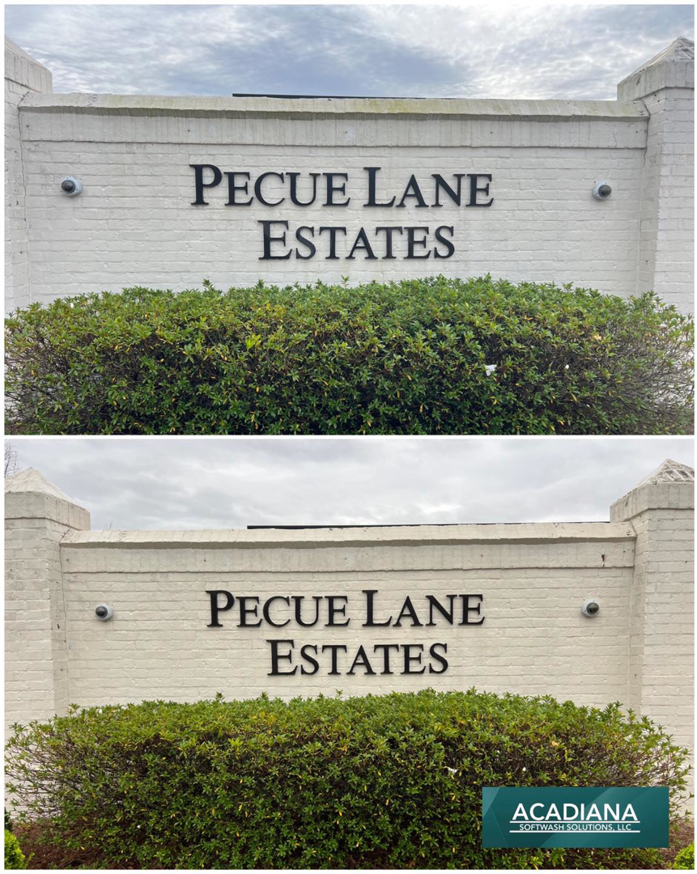 Before and after cleaning of a brick sign for Pecue Lane Estates by Acadiana Softwash Solutions, LLC in Baton Rouge, LA