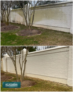 Before and after cleaning of a dirty brick wall by Acadiana Softwash Solutions, LLC in Baton Rouge, LA