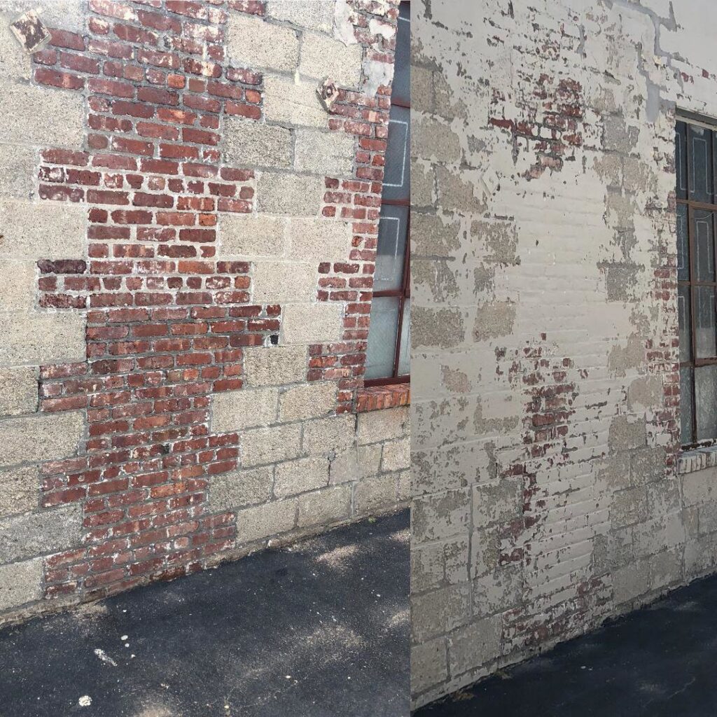 Before and after view of a brick wall restoration project by Cappco Pressure Washing in New Rochelle, NY