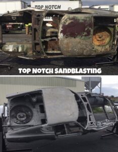 Before and after sandblasting of a car body shell by Top Notch Sandblasting LLC in Randallstown, MD