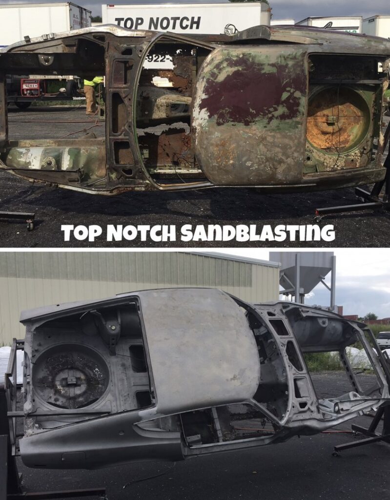 Before and after sandblasting of a car body shell by Top Notch Sandblasting LLC in Randallstown, MD