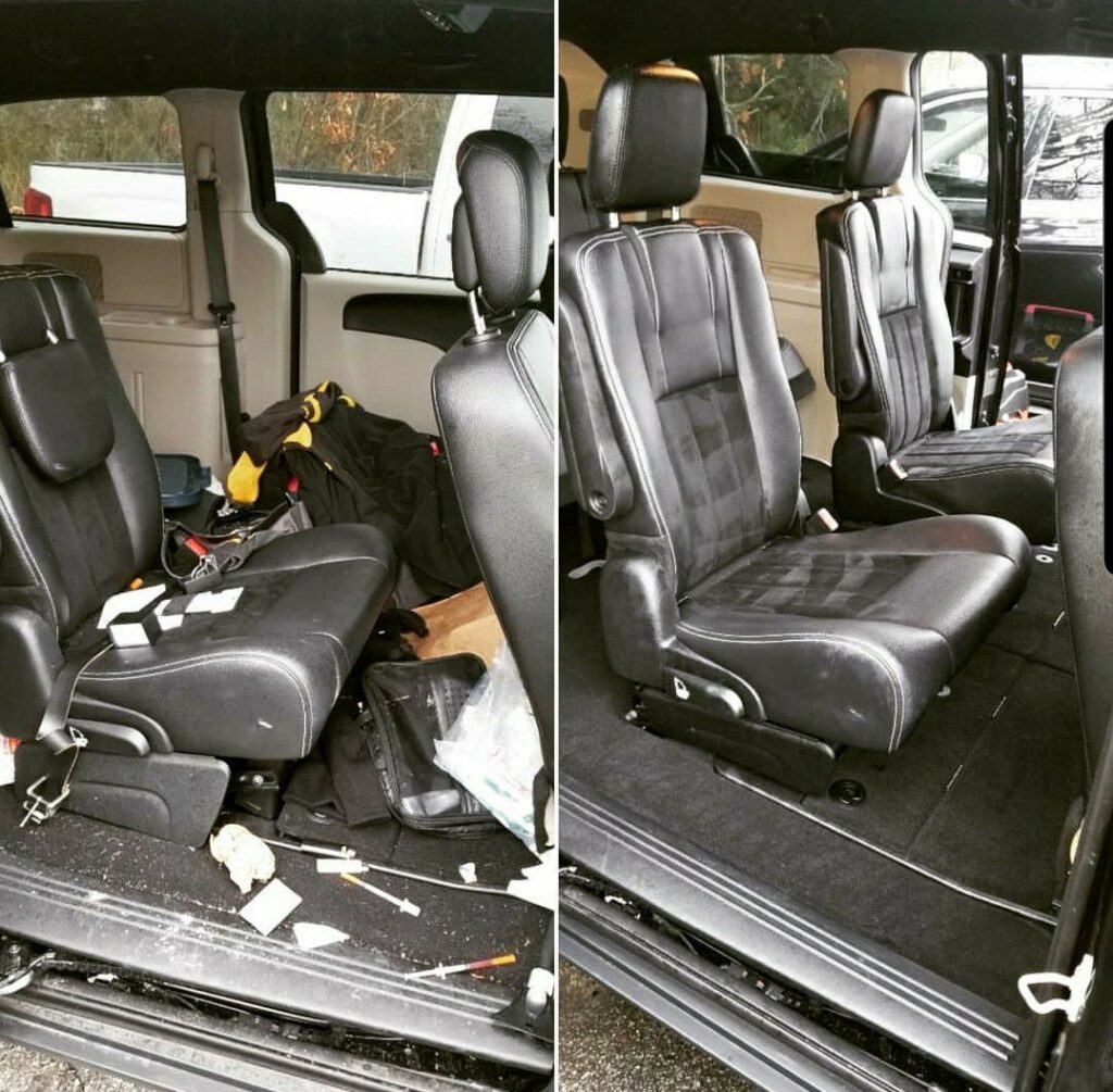Before and after of a car interior after junk removal and deep cleaning by Biohazard PRO in Boston, MA.