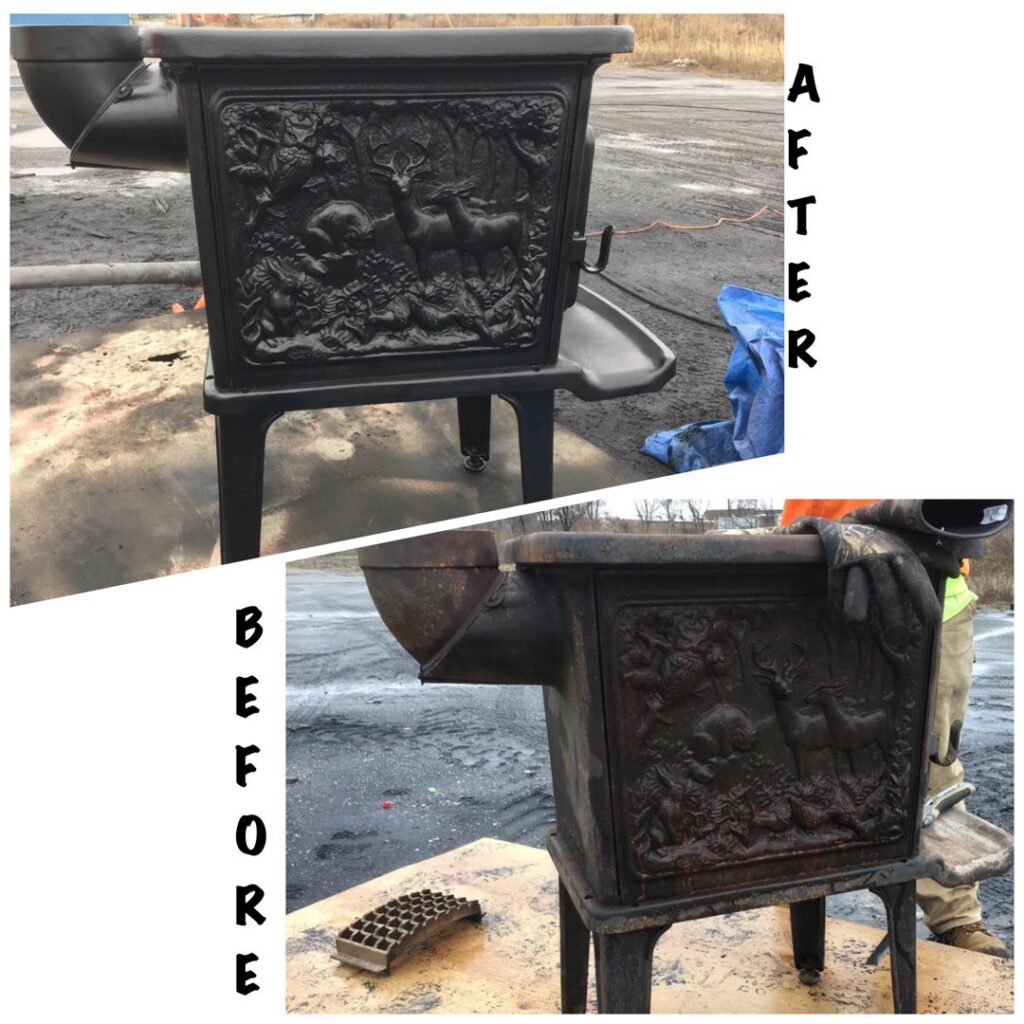 Before and after restoration of a cast iron stove by Top Notch Sandblasting LLC in Randallstown, MD
