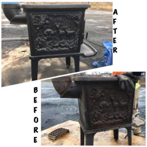 Before and after restoration of a cast iron stove by Top Notch Sandblasting LLC in Randallstown, MD