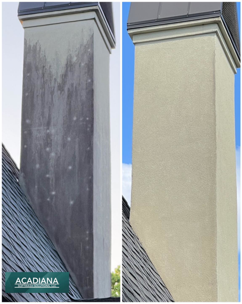 Before and after chimney cleaning service by Acadiana Softwash Solutions, LLC in Baton Rouge, LA