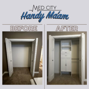 Before and after of a custom closet organization system with shelves and drawers installed by Med City Handy Ma'am in Rochester, MN