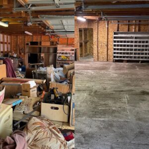 A split image showing a cluttered garage before and a mostly empty, clean garage after a junk removal service by Junk Hunks 406 in Missoula, MT.