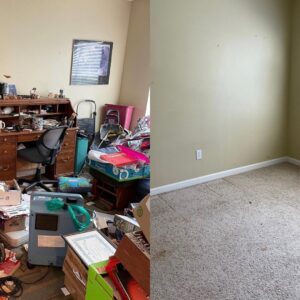 A split image showing a cluttered room before and an empty, clean room after a junk removal service by Junk Hunks 406 in Missoula, MT.