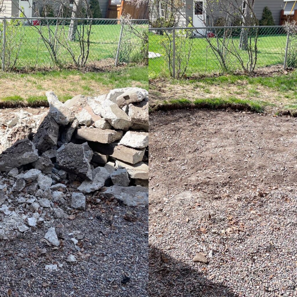 A split image showing a pile of concrete and rock debris before and a cleared, graded area after removal by Junk Hunks 406 in Missoula, MT.