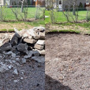 A split image showing a pile of concrete and rock debris before and a cleared, graded area after removal by Junk Hunks 406 in Missoula, MT.