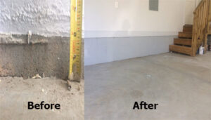Before and after comparison of concrete repair work, showing a smooth, finished wall base by Concrete Uprising in Cary, NC.