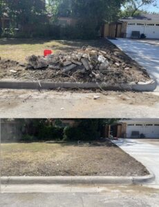 Before and after view of construction debris removed from a curb by Cowtown Waste Removal in Fort Worth, TX.