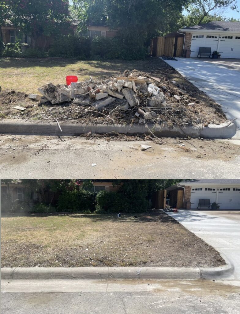 Before and after view of construction debris removed from a curb by Cowtown Waste Removal in Fort Worth, TX.