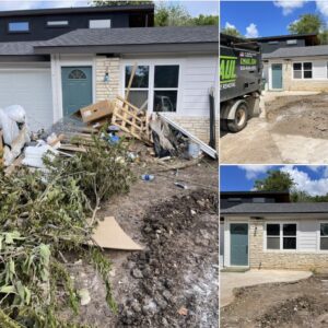 A collage showing before and after a G.I. HAUL Austin, TX junk removal job, with a large pile of construction debris removed from a house exterior.