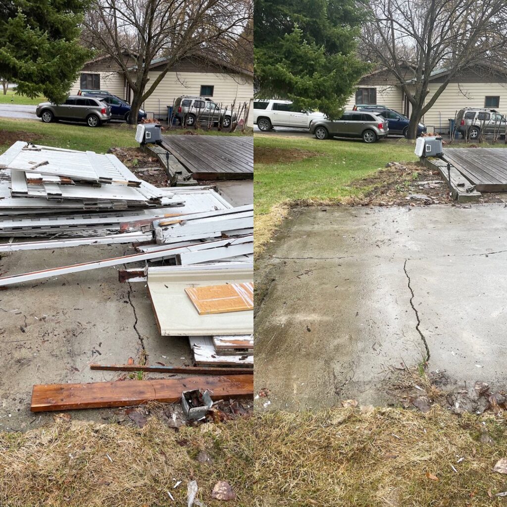 A split image showing before and after construction debris removal, with garage door panels and wood cleared by Junk Hunks 406 in Missoula, MT.