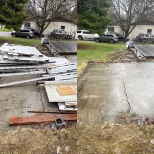 A split image showing before and after construction debris removal, with garage door panels and wood cleared by Junk Hunks 406 in Missoula, MT.