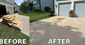 Before and after showing construction debris removed from a driveway by KC Family Haul in Kansas City, KS.