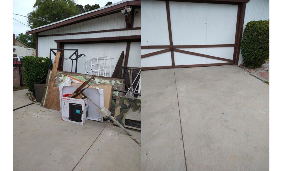 Before and after view of construction debris and wood removed from beside a garage by Larry The Rubbish Man in Los Angeles, CA.
