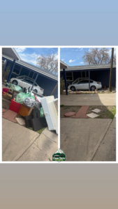 Before and after photo showing curbside junk removal by Clean Slate Junk Removal in Denver, CO, with a pile of items cleared.
