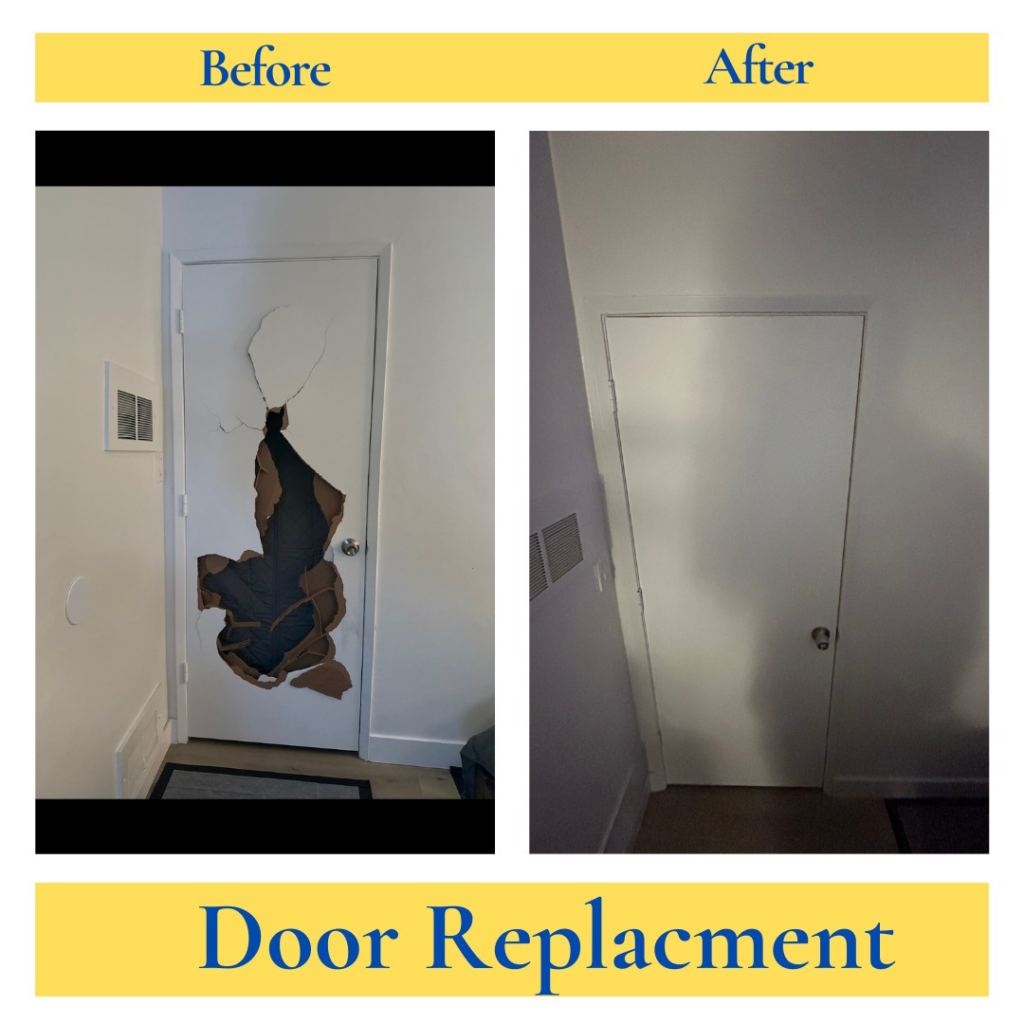 Before and after view of a damaged door replaced by In&Out Handyman, showcasing expert door replacement services in West Hollywood, CA.