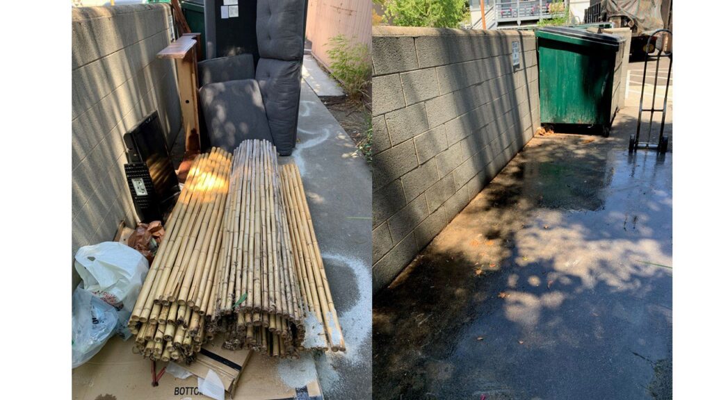 Before and after view of debris and junk removed from the side of a building by Larry The Rubbish Man in Los Angeles, CA.