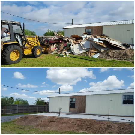 Before and after photos of a large debris pile being removed with a loader by MGM Junk Removal in Las Vegas, NV