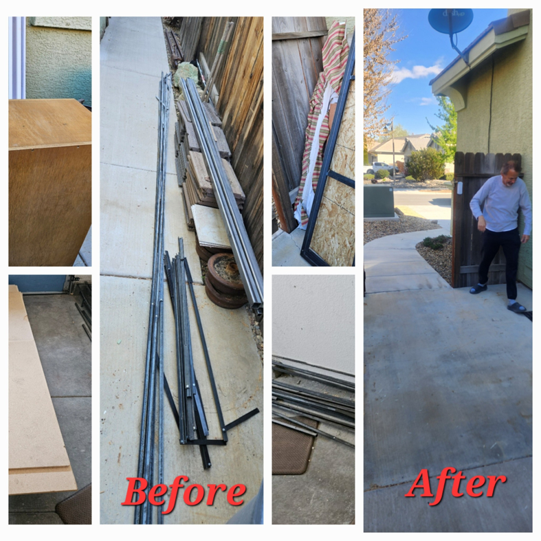 Before and after photos showing debris removal and yard cleanout by Dunk The Junk in Carson City, NV.