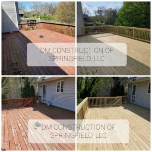 A before and after collage illustrating a complete deck renovation, by DM Construction of Springfield in Springfield, IL.