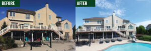Before and after comparison of a house with a renovated deck and new siding by Glick's Exteriors in Philadelphia, PA.