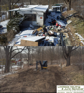 Before and after photo showing a large-scale demolition and junk removal job completed by Limitless Hauling & Junk Removal in Troy, OH.