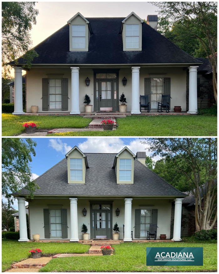 Before and after cleaning of a dirty roof and house exterior by Acadiana Softwash Solutions, LLC in Baton Rouge, LA
