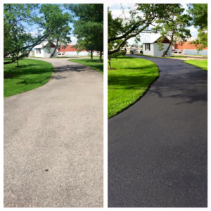 Before and after comparison of a driveway, showing the transformation after sealcoating by Cincy SealCoating in Morrow, OH.