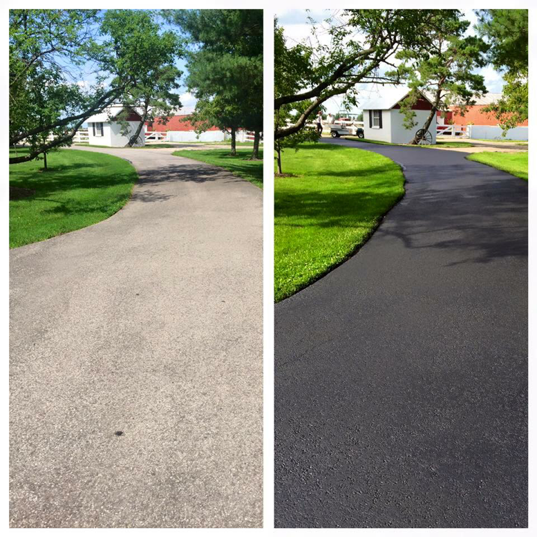 Before and after comparison of a driveway, showing the transformation after sealcoating by Cincy SealCoating in Morrow, OH.