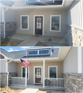 Before and after exterior home renovation, new porch and dormer by Carter's Handyman Service and Remodeling in Bloomington, IN.