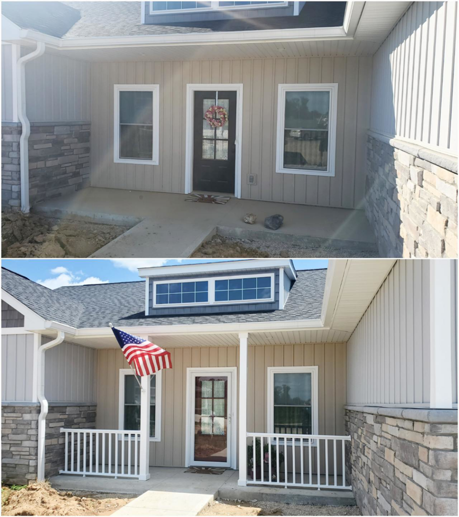 Before and after exterior home renovation, new porch and dormer by Carter's Handyman Service and Remodeling in Bloomington, IN.