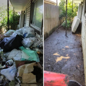 Before and after photos of an exterior area cleared of trash and debris by LNK Junk Removal in Council Bluffs, IA.