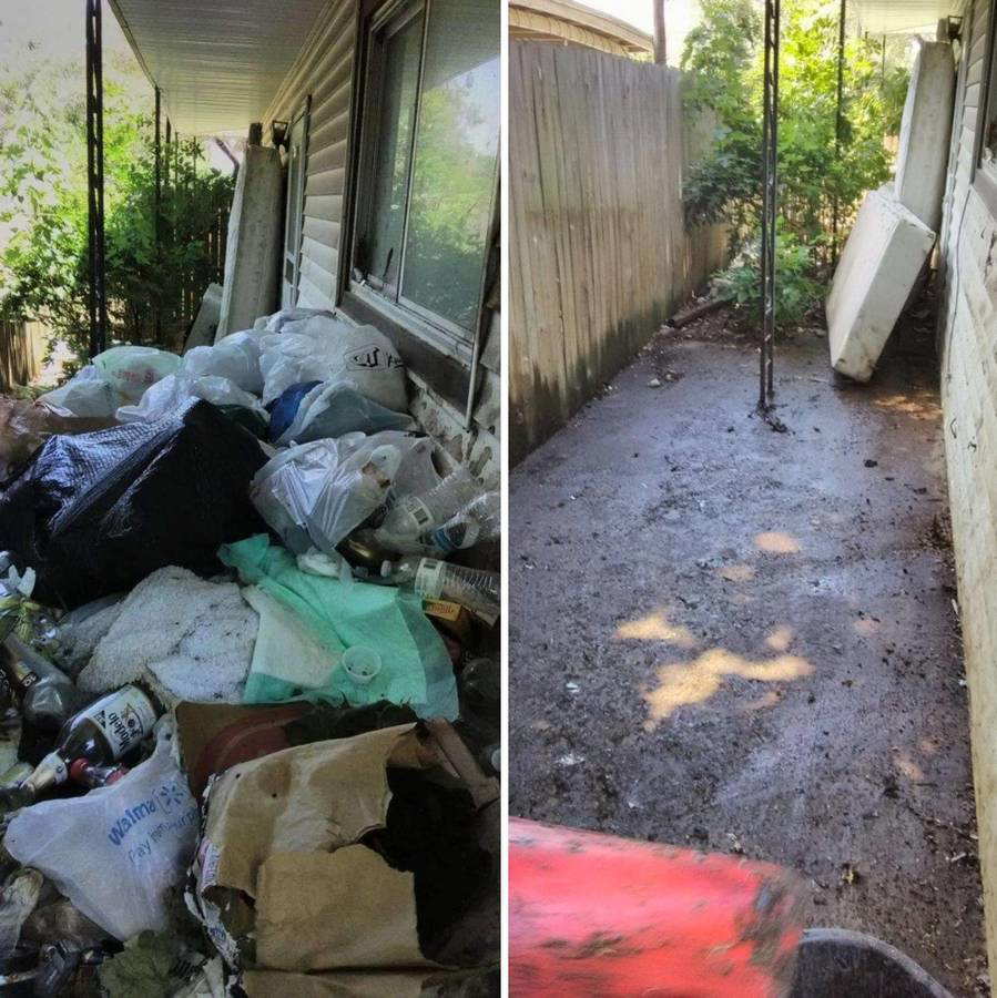Before and after photos of an exterior area cleared of trash and debris by LNK Junk Removal in Council Bluffs, IA.