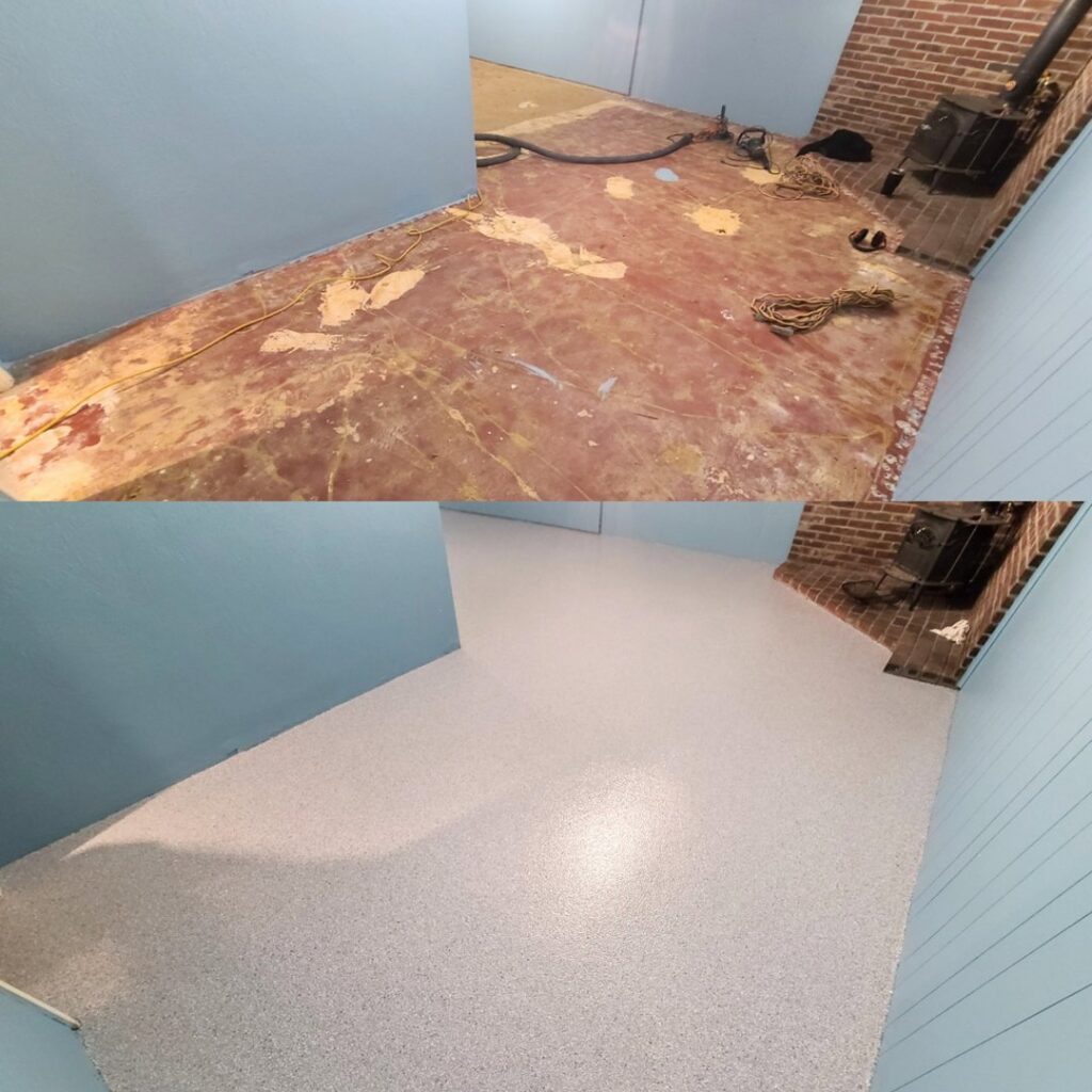 Before and after of a floor renovation, showcasing a new epoxy floor by Roche Epoxy Floors in Allentown, PA.