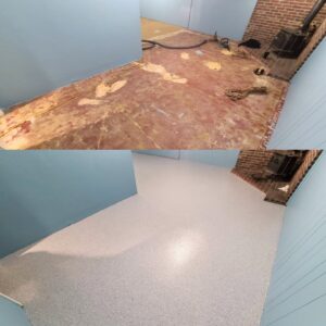 A before and after image of a floor renovation project by Roche Epoxy Floors in Allentown, PA.