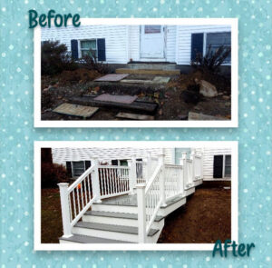 Before and after photos of a front entrance remodel, showing a new deck and stairs by Modern Remodel Build & Design in Worcester, MA.