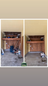 Before and after photo of a garage cleanout service by Clean Slate Junk Removal in Denver, CO, showing the space cleared of junk.