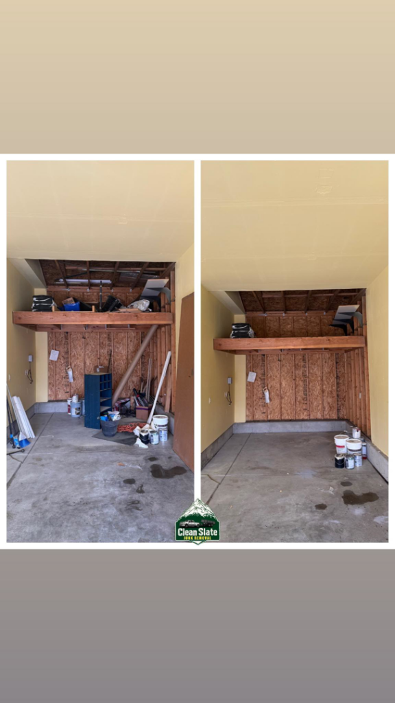 Before and after photo of a garage cleanout service by Clean Slate Junk Removal in Denver, CO, showing the space cleared of junk.
